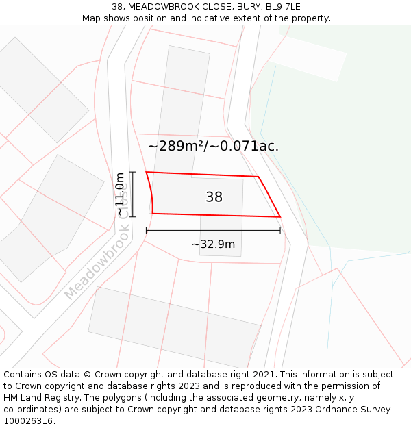 38, MEADOWBROOK CLOSE, BURY, BL9 7LE: Plot and title map