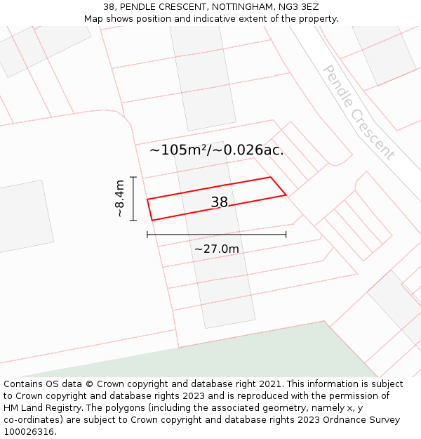 38, PENDLE CRESCENT, NOTTINGHAM, NG3 3EZ: Plot and title map