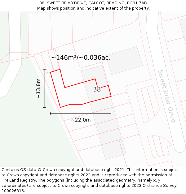 38, SWEET BRIAR DRIVE, CALCOT, READING, RG31 7AD: Plot and title map