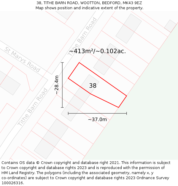 38, TITHE BARN ROAD, WOOTTON, BEDFORD, MK43 9EZ: Plot and title map