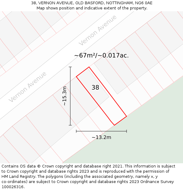 38, VERNON AVENUE, OLD BASFORD, NOTTINGHAM, NG6 0AE: Plot and title map