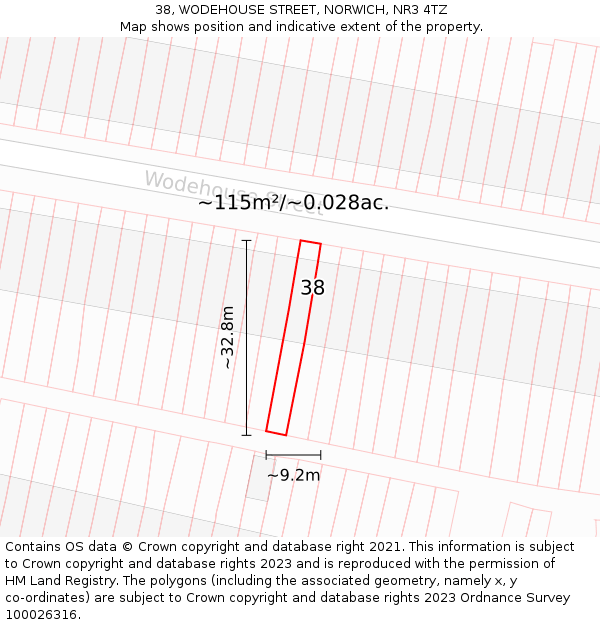 38, WODEHOUSE STREET, NORWICH, NR3 4TZ: Plot and title map