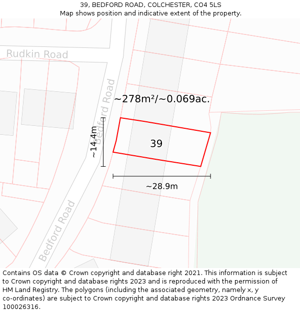 39, BEDFORD ROAD, COLCHESTER, CO4 5LS: Plot and title map