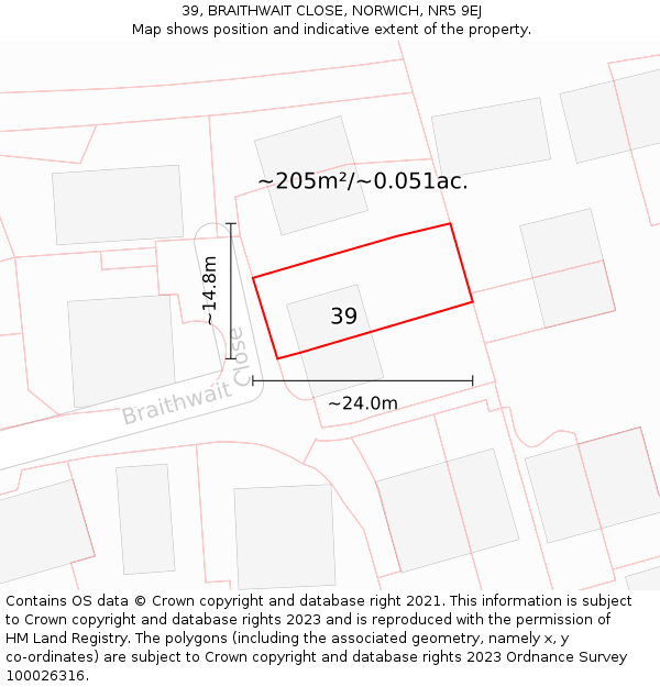 39, BRAITHWAIT CLOSE, NORWICH, NR5 9EJ: Plot and title map