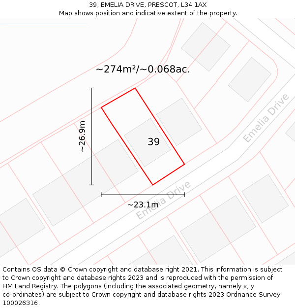 39, EMELIA DRIVE, PRESCOT, L34 1AX: Plot and title map