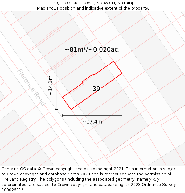 39, FLORENCE ROAD, NORWICH, NR1 4BJ: Plot and title map