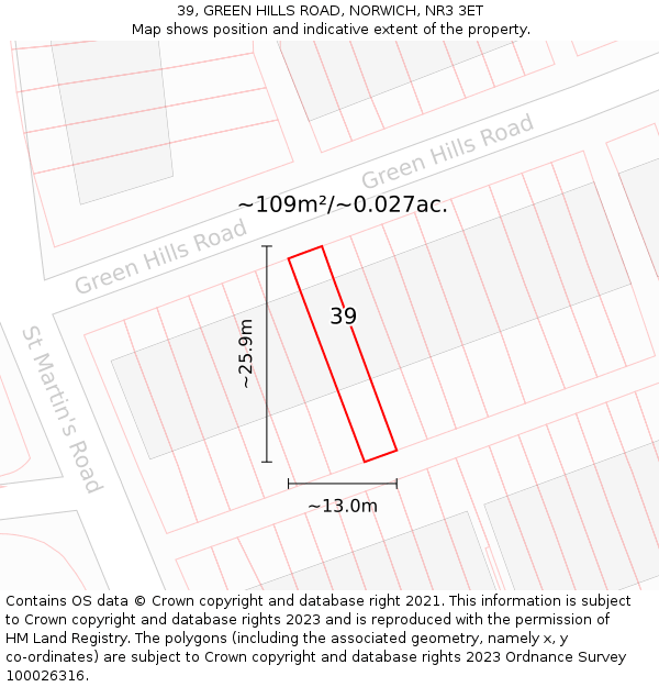 39, GREEN HILLS ROAD, NORWICH, NR3 3ET: Plot and title map