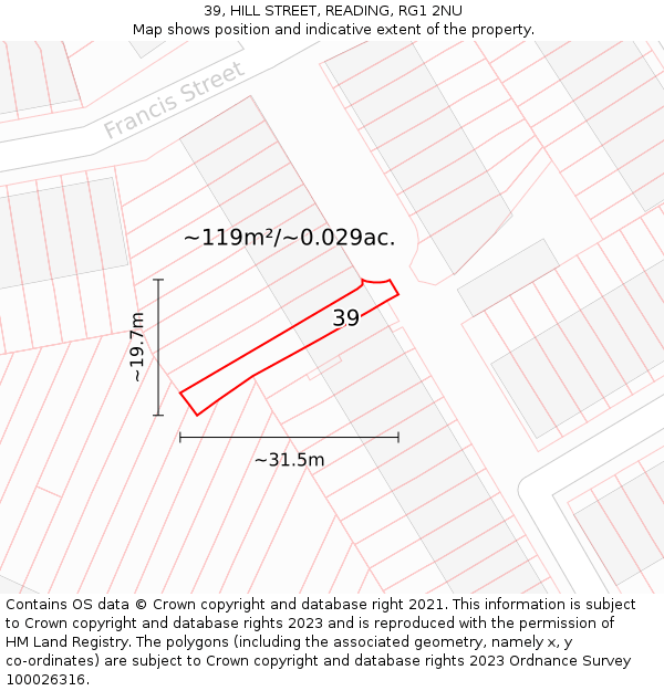 39, HILL STREET, READING, RG1 2NU: Plot and title map