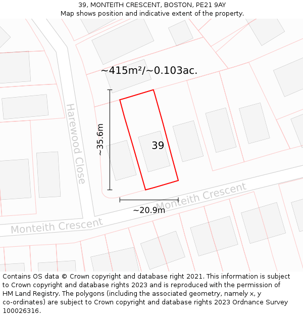 39, MONTEITH CRESCENT, BOSTON, PE21 9AY: Plot and title map