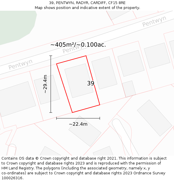 39, PENTWYN, RADYR, CARDIFF, CF15 8RE: Plot and title map