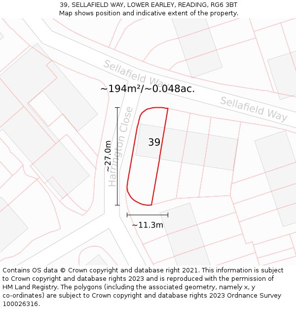39, SELLAFIELD WAY, LOWER EARLEY, READING, RG6 3BT: Plot and title map