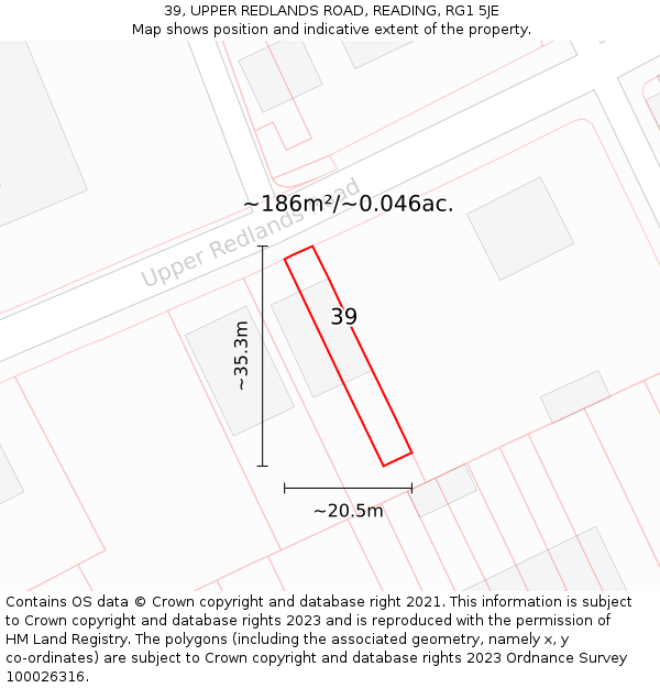39, UPPER REDLANDS ROAD, READING, RG1 5JE: Plot and title map