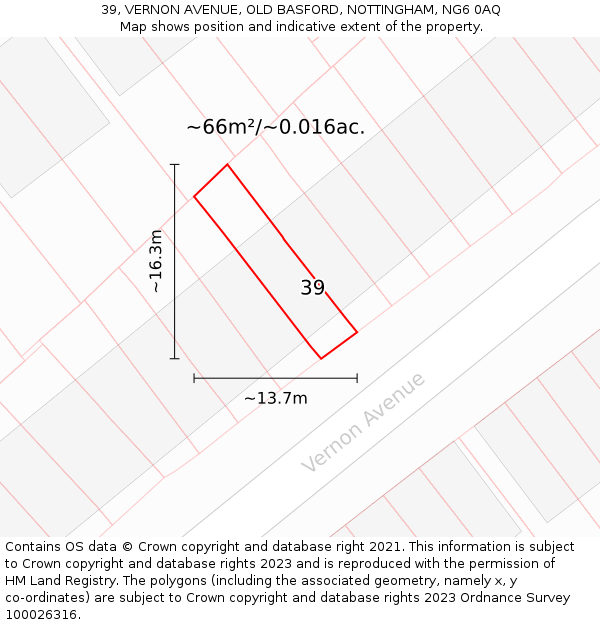39, VERNON AVENUE, OLD BASFORD, NOTTINGHAM, NG6 0AQ: Plot and title map