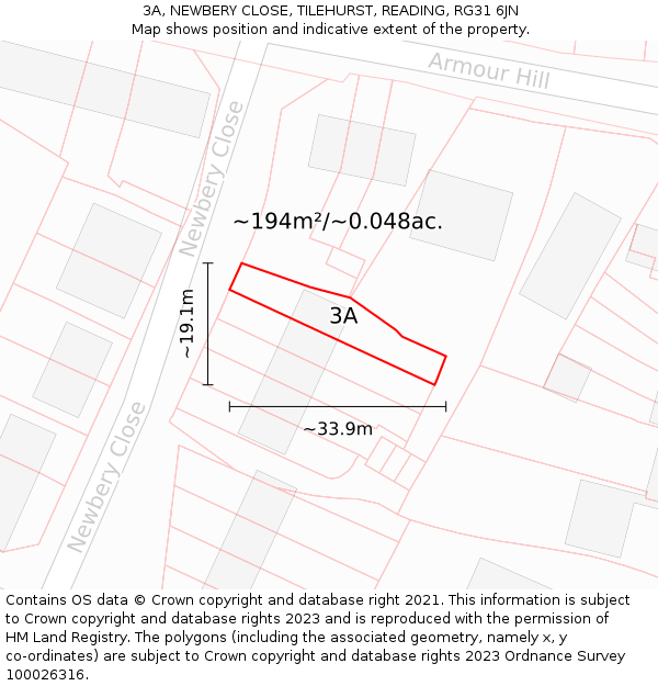 3A, NEWBERY CLOSE, TILEHURST, READING, RG31 6JN: Plot and title map