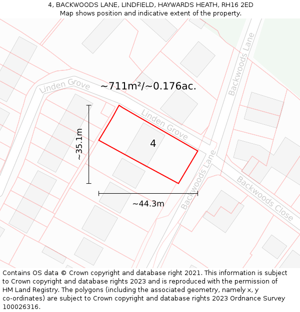 4, BACKWOODS LANE, LINDFIELD, HAYWARDS HEATH, RH16 2ED: Plot and title map