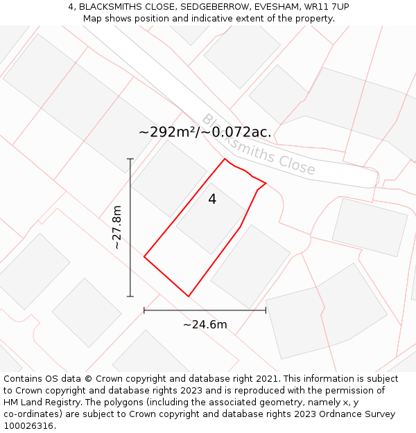 4, BLACKSMITHS CLOSE, SEDGEBERROW, EVESHAM, WR11 7UP: Plot and title map