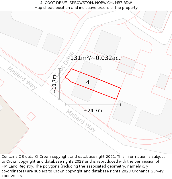 4, COOT DRIVE, SPROWSTON, NORWICH, NR7 8DW: Plot and title map