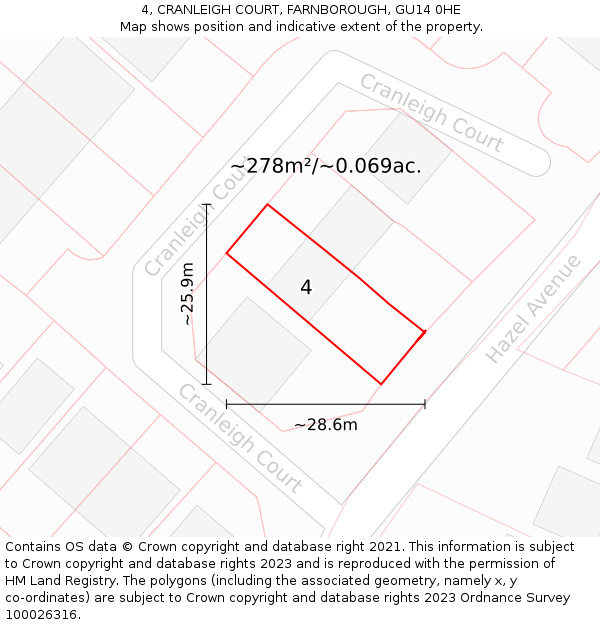 4, CRANLEIGH COURT, FARNBOROUGH, GU14 0HE: Plot and title map