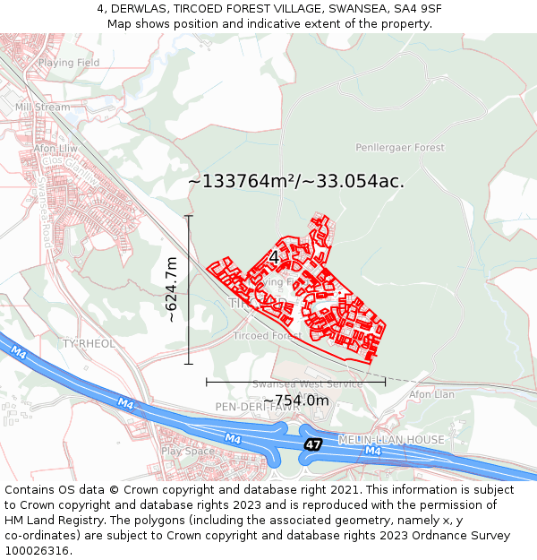 4, DERWLAS, TIRCOED FOREST VILLAGE, SWANSEA, SA4 9SF: Plot and title map