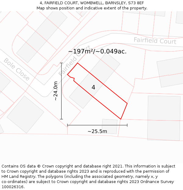 4, FAIRFIELD COURT, WOMBWELL, BARNSLEY, S73 8EF: Plot and title map