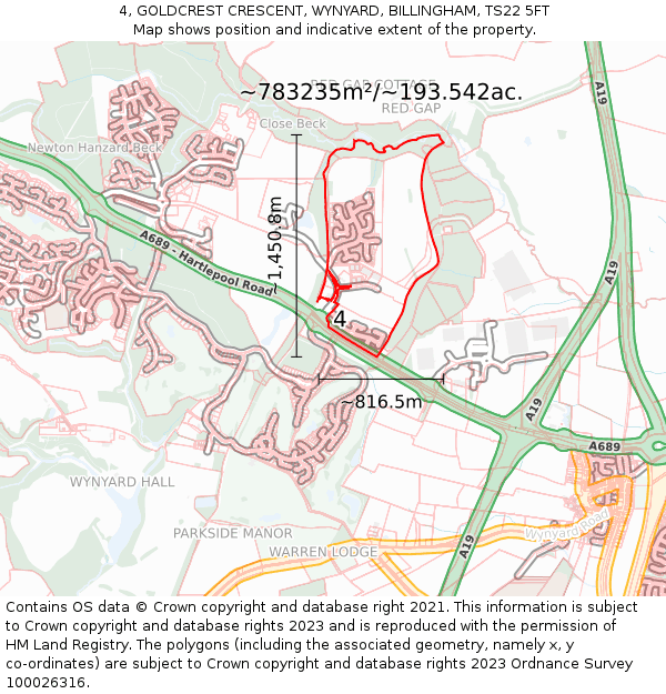 4, GOLDCREST CRESCENT, WYNYARD, BILLINGHAM, TS22 5FT: Plot and title map