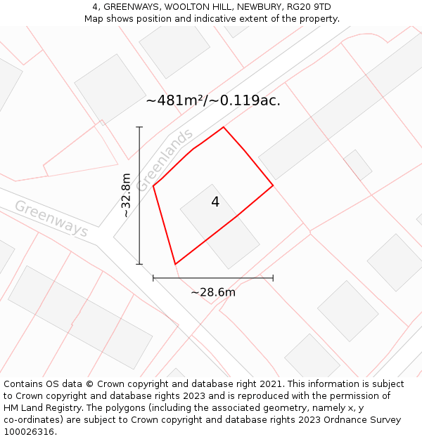 4, GREENWAYS, WOOLTON HILL, NEWBURY, RG20 9TD: Plot and title map
