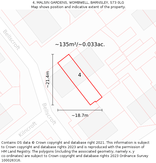 4, MALSIN GARDENS, WOMBWELL, BARNSLEY, S73 0LG: Plot and title map