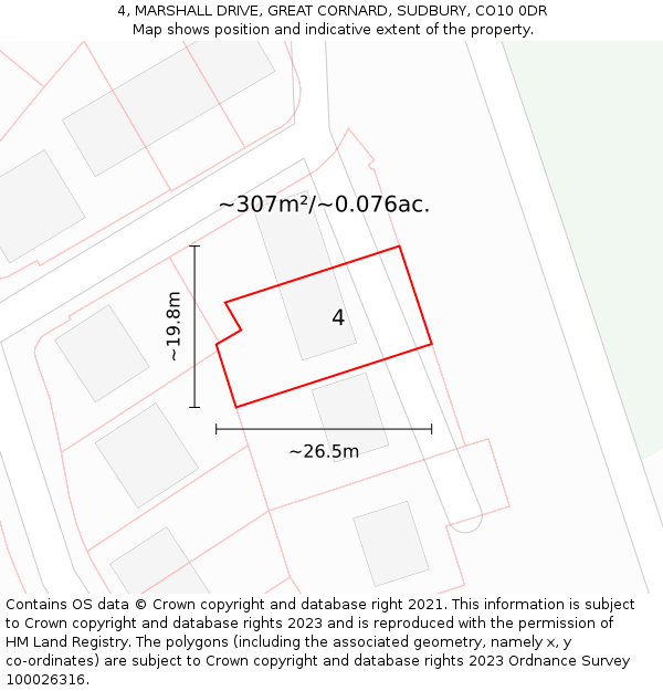 4, MARSHALL DRIVE, GREAT CORNARD, SUDBURY, CO10 0DR: Plot and title map