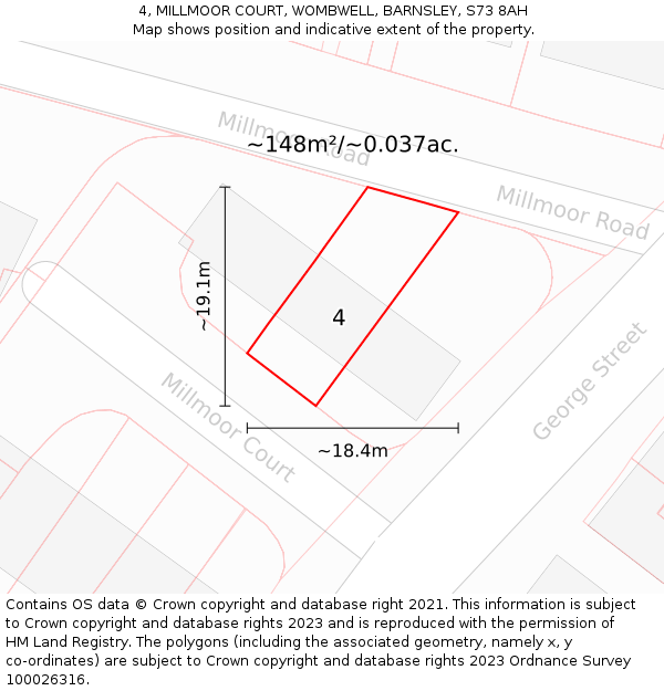 4, MILLMOOR COURT, WOMBWELL, BARNSLEY, S73 8AH: Plot and title map