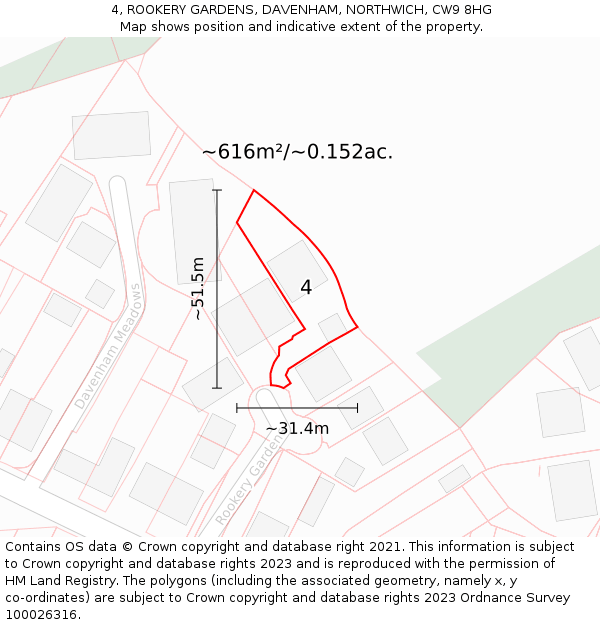 4, ROOKERY GARDENS, DAVENHAM, NORTHWICH, CW9 8HG: Plot and title map