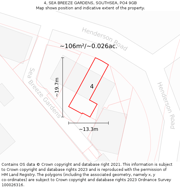4, SEA BREEZE GARDENS, SOUTHSEA, PO4 9GB: Plot and title map
