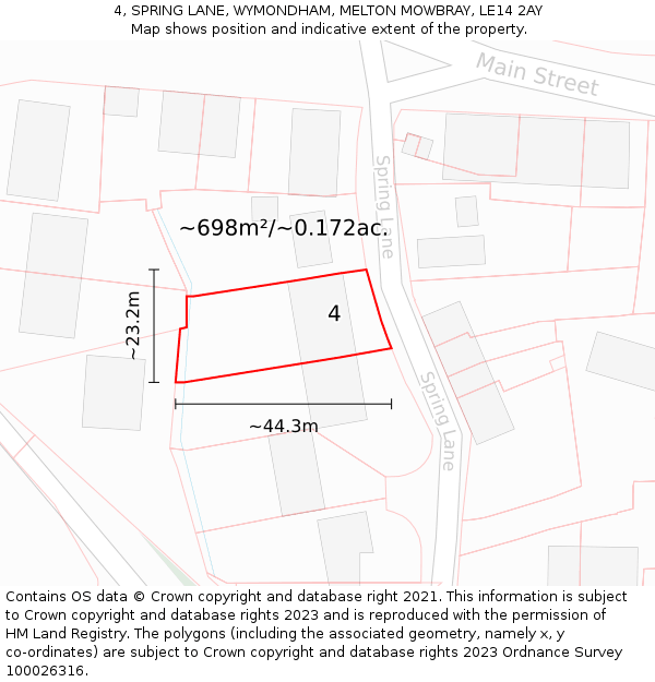 4, SPRING LANE, WYMONDHAM, MELTON MOWBRAY, LE14 2AY: Plot and title map