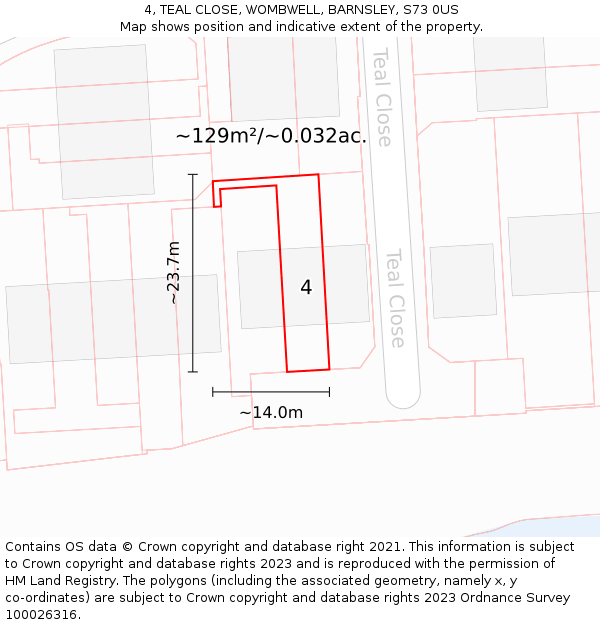 4, TEAL CLOSE, WOMBWELL, BARNSLEY, S73 0US: Plot and title map