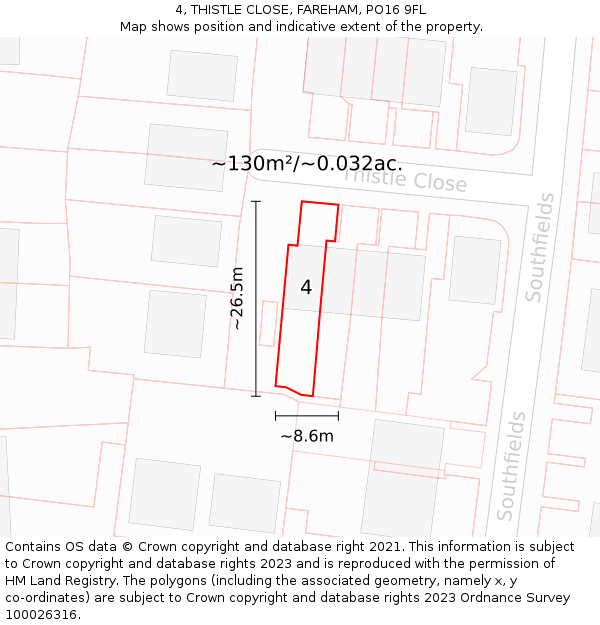 4, THISTLE CLOSE, FAREHAM, PO16 9FL: Plot and title map
