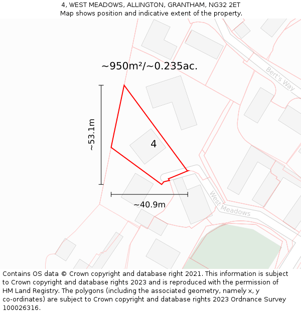 4, WEST MEADOWS, ALLINGTON, GRANTHAM, NG32 2ET: Plot and title map
