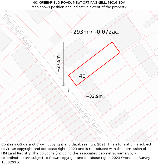 40, GREENFIELD ROAD, NEWPORT PAGNELL, MK16 8DA: Plot and title map