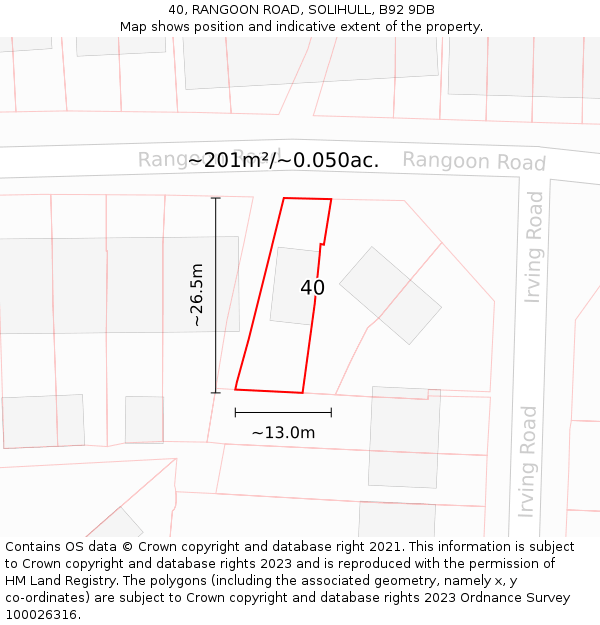 40, RANGOON ROAD, SOLIHULL, B92 9DB: Plot and title map
