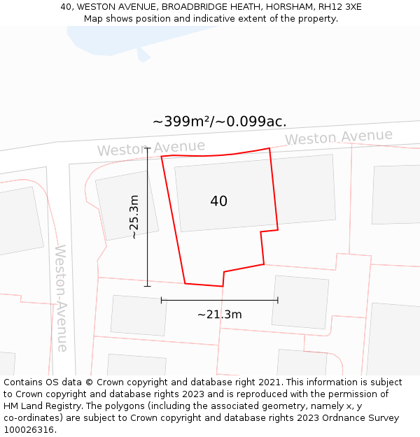 40, WESTON AVENUE, BROADBRIDGE HEATH, HORSHAM, RH12 3XE: Plot and title map