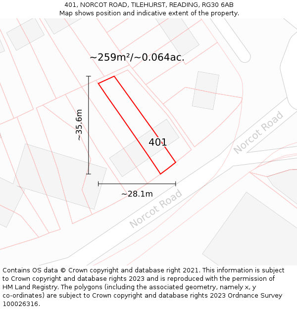 401, NORCOT ROAD, TILEHURST, READING, RG30 6AB: Plot and title map
