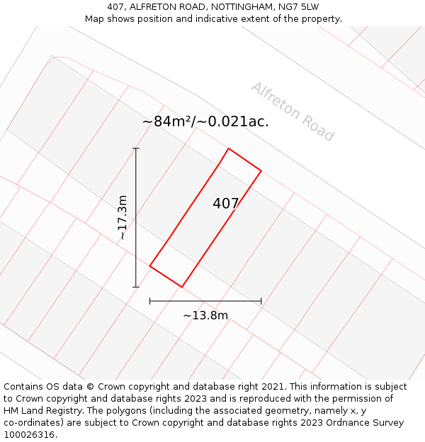 407, ALFRETON ROAD, NOTTINGHAM, NG7 5LW: Plot and title map