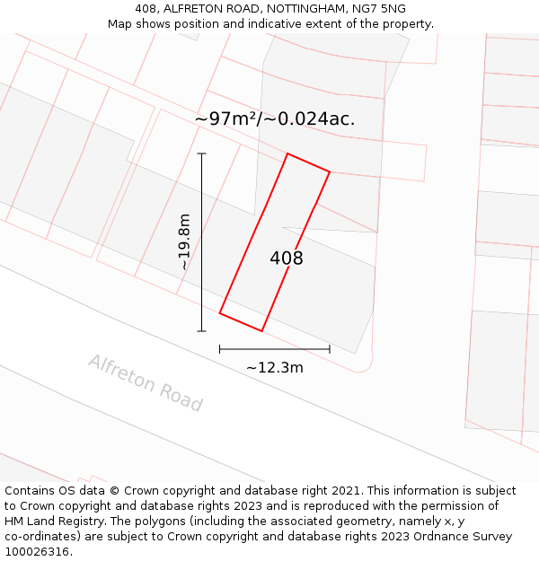 408, ALFRETON ROAD, NOTTINGHAM, NG7 5NG: Plot and title map