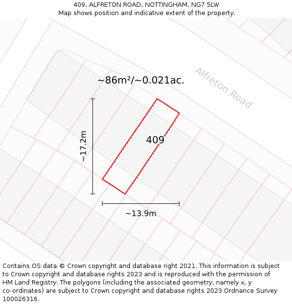 409, ALFRETON ROAD, NOTTINGHAM, NG7 5LW: Plot and title map