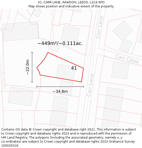 41, CARR LANE, RAWDON, LEEDS, LS19 6PD: Plot and title map