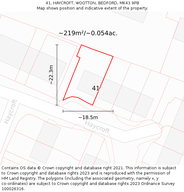 41, HAYCROFT, WOOTTON, BEDFORD, MK43 9PB: Plot and title map