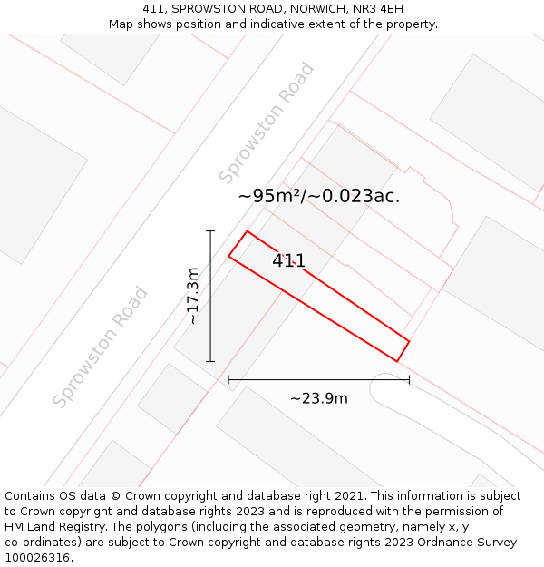 411, SPROWSTON ROAD, NORWICH, NR3 4EH: Plot and title map