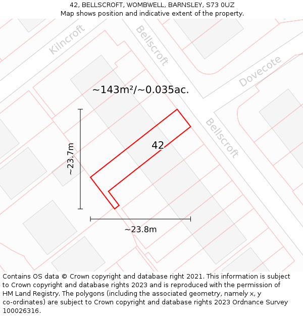 42, BELLSCROFT, WOMBWELL, BARNSLEY, S73 0UZ: Plot and title map
