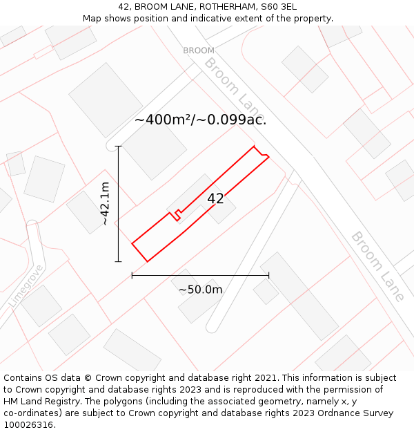 42, BROOM LANE, ROTHERHAM, S60 3EL: Plot and title map