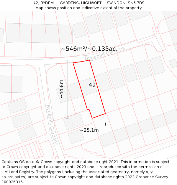 42, BYDEMILL GARDENS, HIGHWORTH, SWINDON, SN6 7BS: Plot and title map