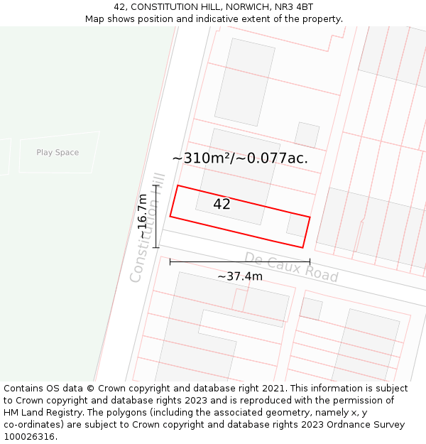 42, CONSTITUTION HILL, NORWICH, NR3 4BT: Plot and title map