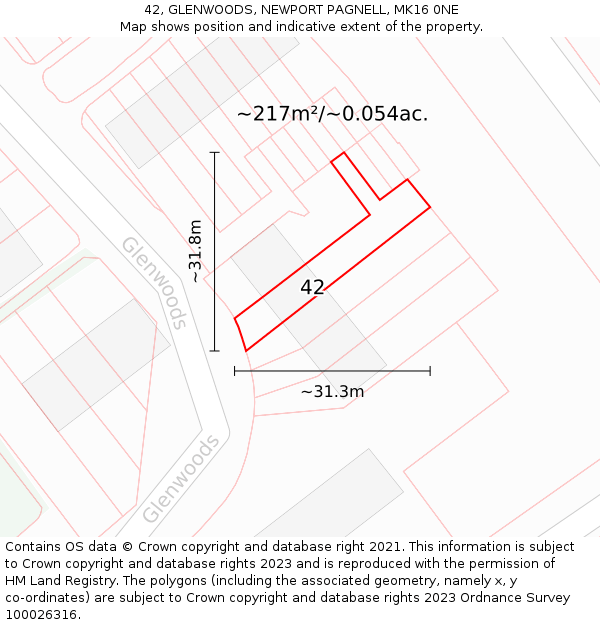 42, GLENWOODS, NEWPORT PAGNELL, MK16 0NE: Plot and title map